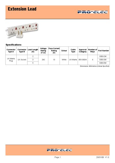 Pro-Elec Extension Lead Connector Type A / Type B Datasheet - cover page