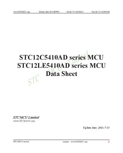 STC12C5410AD Microcontroller Datasheet - cover page