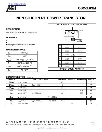 Advanced Semiconductor OSC-2.0SM RF Power Transistor Datasheet - cover page