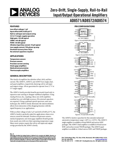 Analog Devices AD8571/AD8572/AD8574 Operational Amplifiers Datasheet - cover page