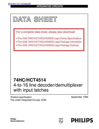 Philips 74HC/HCT4514 4-to-16 Line Decoder/Demultiplexer Datasheet - cover page