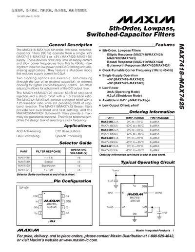 Maxim MAX7418-MAX7425 Switched-Capacitor Filter Datasheet - cover page