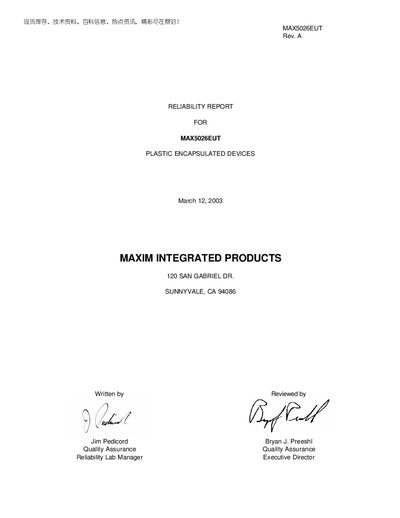 Maxim MAX5026EUT Plastic Encapsulated Device Reliability Report - cover page