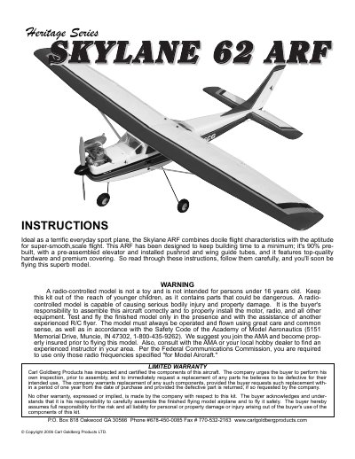 Carl Goldberg Products Skylane 62 ARF Assembly Instructions - cover page