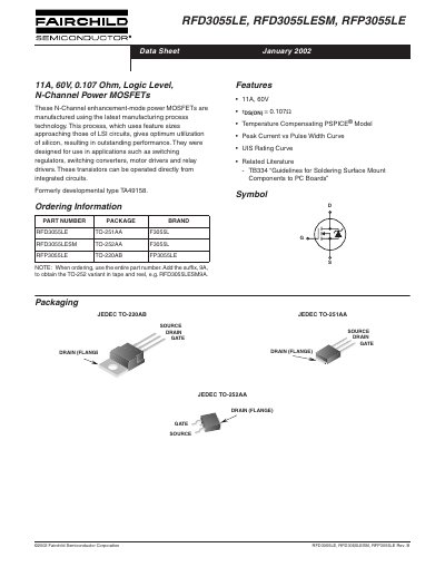 FAIRCHILD RFD3055LE RFD3055LESM RFP3055LE Manual - cover page
