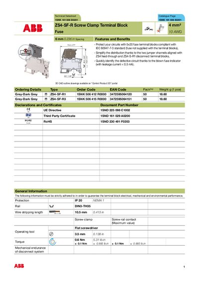 ABB ZS4-SF-R Screw Clamp Terminal Block Datasheet - cover page