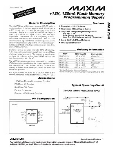 Maxim MAX734 +12V 120mA Flash Memory Programming Supply Datasheet - cover page