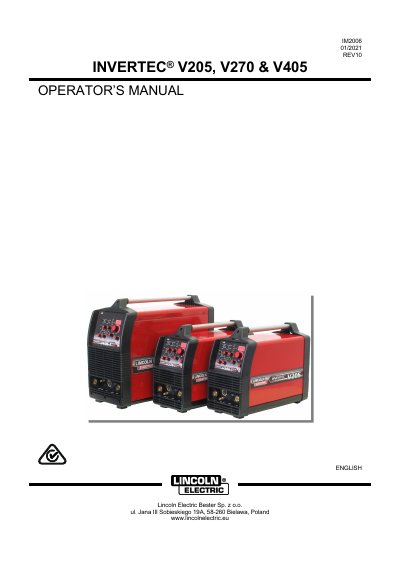 Lincoln Electric INVERTEC V205, V270 &amp; V405 Operator's Manual