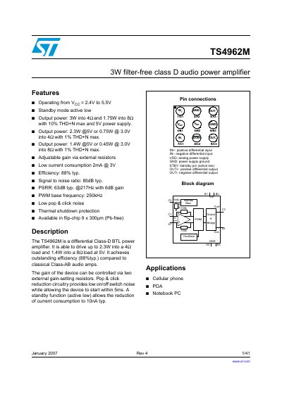 STMicroelectronics TS4962M Class D Audio Power Amplifier Datasheet