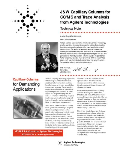 Agilent J&W Capillary Columns for GC/MS Technical Note - cover page