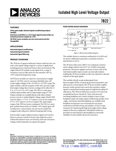 Analog Devices 7B22 Signal Conditioning Module Datasheet - cover page