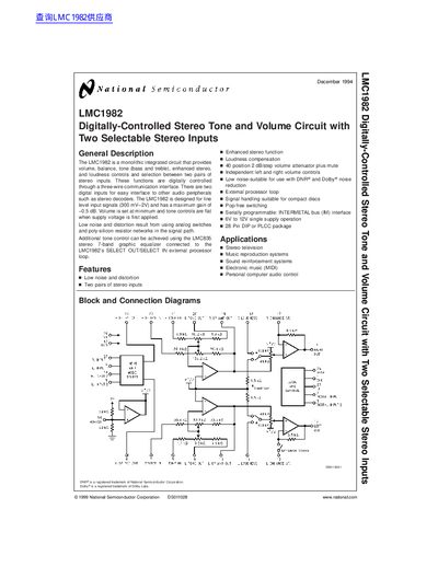 National Semiconductor LMC1982 Digitally-Controlled Stereo Tone Volume Circuit Datasheet - cover page