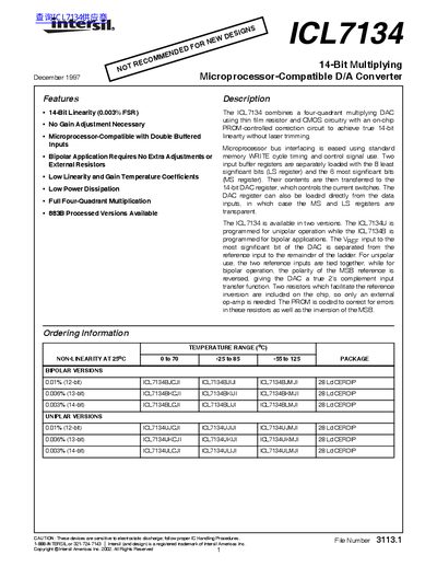 Intersil ICL7134 14‑Bit Multiplying DAC Handbook - cover page