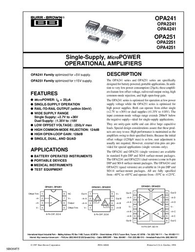 Burr-Brown OPA241/OPA2241/OPA4241/OPA251/OPA2251/OPA4251 Datasheet Handbook - cover page