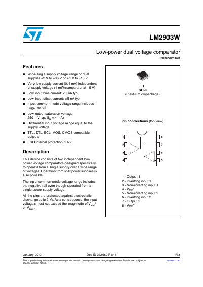 STMicroelectronics LM2903W Low-Power Dual Voltage Comparator Datasheet