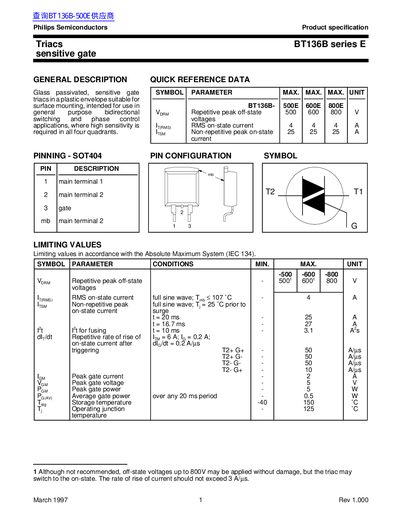 Philips BT136B Series E Triacs Datasheet - cover page