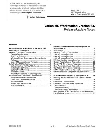 Agilent MS Workstation Version 6.6 Release/Update Notes - cover page