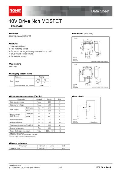 ROHM R6015ANJ Datasheet - cover page