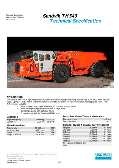 Sandvik TH540 Articulated Underground Dump Truck Technical Specification - cover page