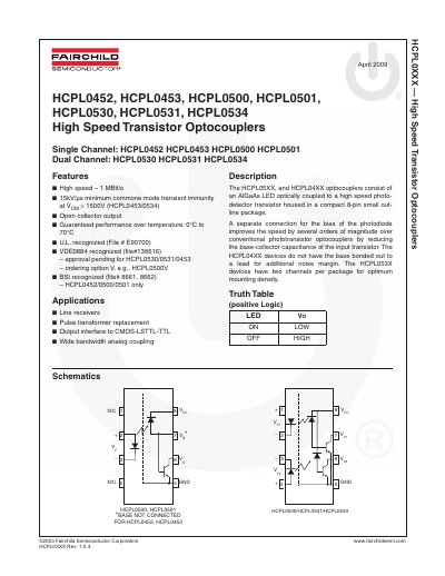 Fairchild Semiconductor HCPL0452/HCPL0453/HCPL0500/HCPL0501/HCPL0530/HCPL0531/HCPL0534 High Speed Transistor Optocoupler - cover page