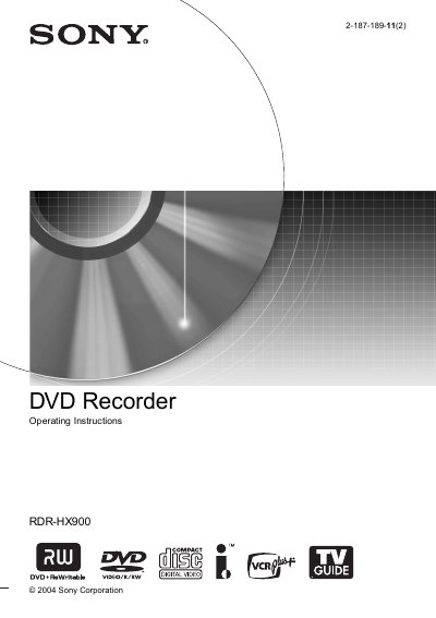 Sony RDR-HX900 DVD Recorder User Manual - cover page