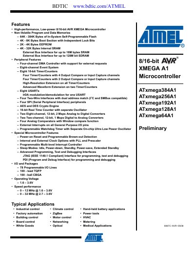 Atmel ATxmega64A1 Datasheet - cover page