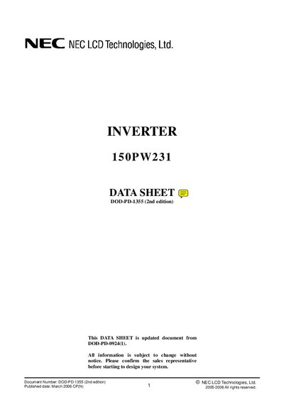 NEC 150PW231 Inverter Datasheet - cover page