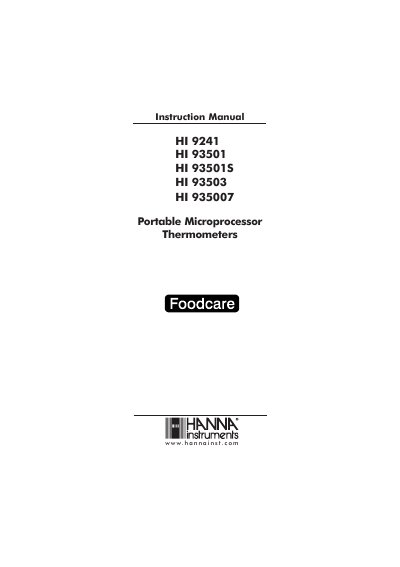 Hanna Instruments HI 9241/93501/93501S/93503/935007 Portable Microprocessor Thermometers Instruction Manual - cover page
