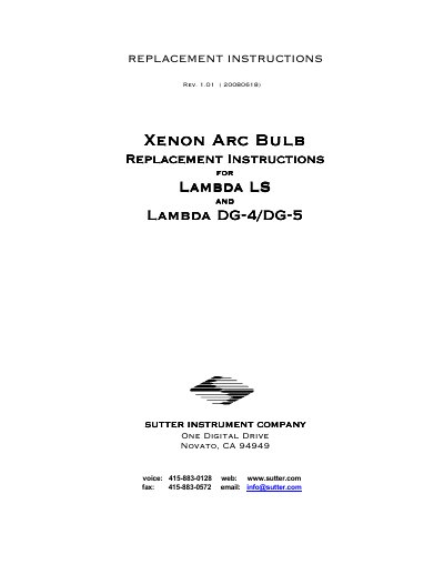 Sutter Instrument Lambda LS DG-4 DG-5 Xenon Arc Bulb Replacement Instructions - cover page