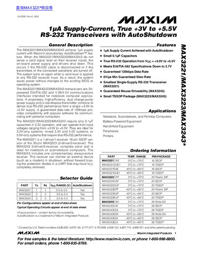 Maxim MAX3221/MAX3223/MAX3243 RS-232 Transceiver Datasheet - cover page
