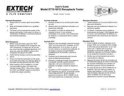 Extech ET10 GFCI Receptacle Tester User's Guide - cover page