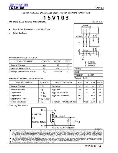 Toshiba 1SV103K Variable Capacitance Diode Datasheet - cover page