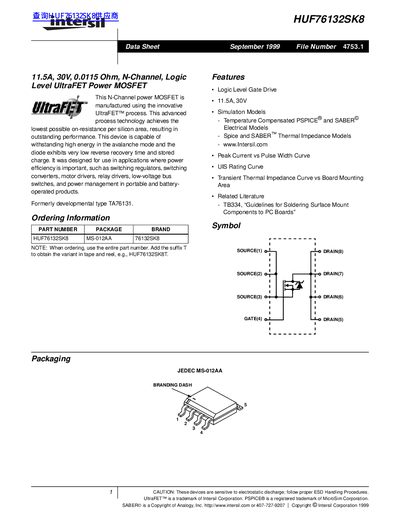 Intersil HUF76132SK8 N-Channel Logic Level UltraFET Power MOSFET Datasheet - cover page