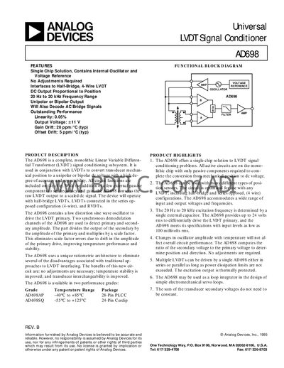 Analog Devices AD698 LVDT Signal Conditioner Manual