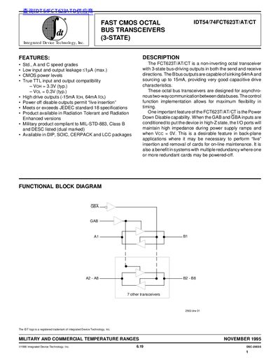Integrated Device Technology IDT54/74FCT623T/AT/CT Octal Bus Transceiver Datasheet