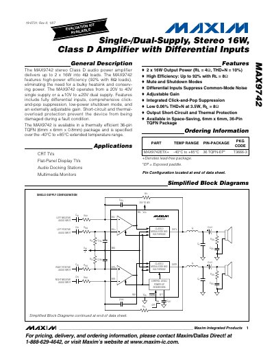 Maxim MAX9742 Stereo Class D Audio Power Amplifier Datasheet - cover page