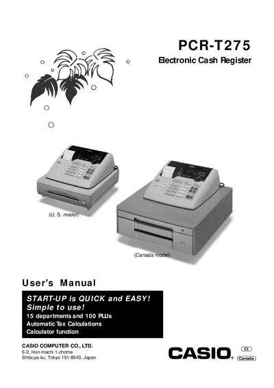 Casio PCR‑T275 Electronic Cash Register User Manual - cover page