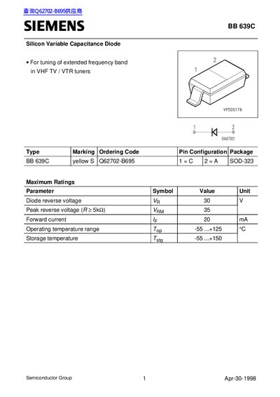 Siemens BB 639C Silicon Variable Capacitance Diode Datasheet - cover page