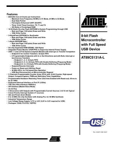 Atmel AT89C5131A-L 8-bit Flash Microcontroller User Manual - cover page