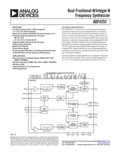 Analog Devices ADF4252 Frequency Synthesizer Datasheet - cover page