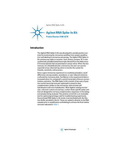 Agilent Two Color RNA Spike-in Kit Protocol guide - cover page