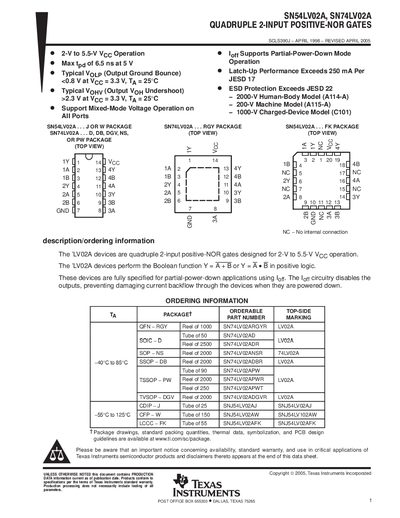 Texas Instruments SN54LV02A / SN74LV02A Quadruple 2-Input Positive-NOR Gate Datasheet - cover page