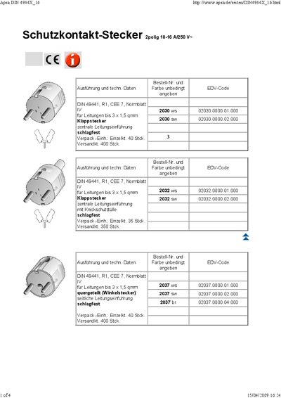 APSA Schutzkontakt-Stecker 2polig 10-16 A/250 V~ - cover page