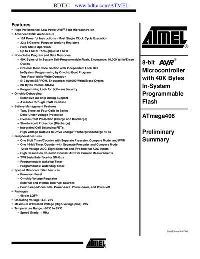 Atmel ATmega406 Datasheet - cover page