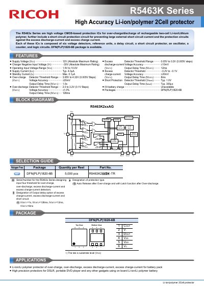 Ricoh R5463K Series High Accuracy Li-ion/polymer 2Cell Protector Datasheet - cover page