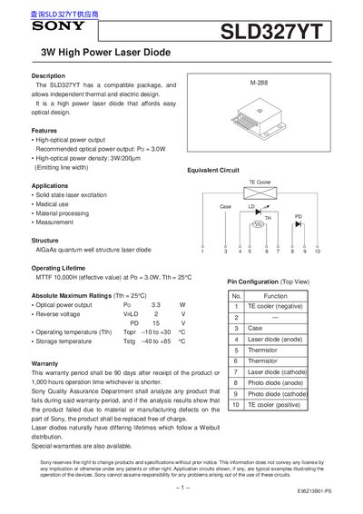 Sony SLD327YT High Power Laser Diode Handbook - cover page