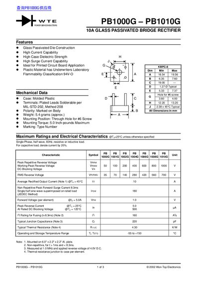 Won-Top Electronics PB1000G-PB1010G Bridge Rectifier Datasheet - cover page