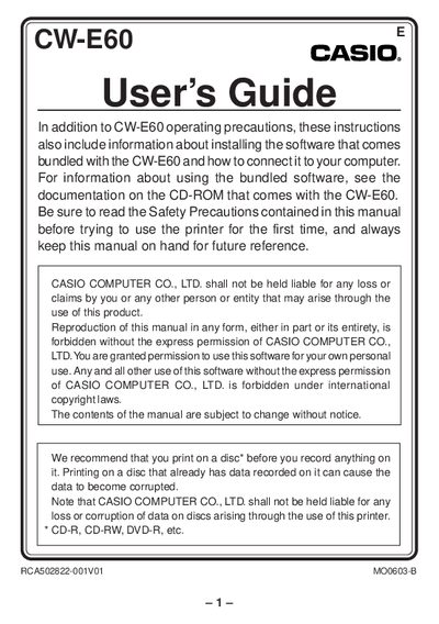 Casio CW-E60 Thermal Printer User's Guide - cover page