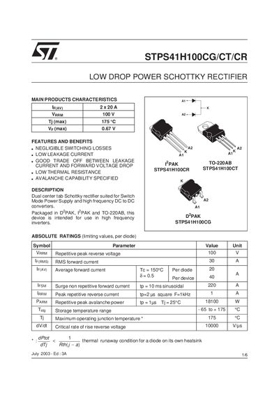 ST STPS41H100CG/CT/CR handbook - cover page