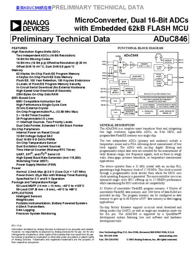 ANALOG DEVICES MicroConverter Dual 16-Bit ADCs with Embedded 62kB FLASH MCU ADuC846 Manual - cover page